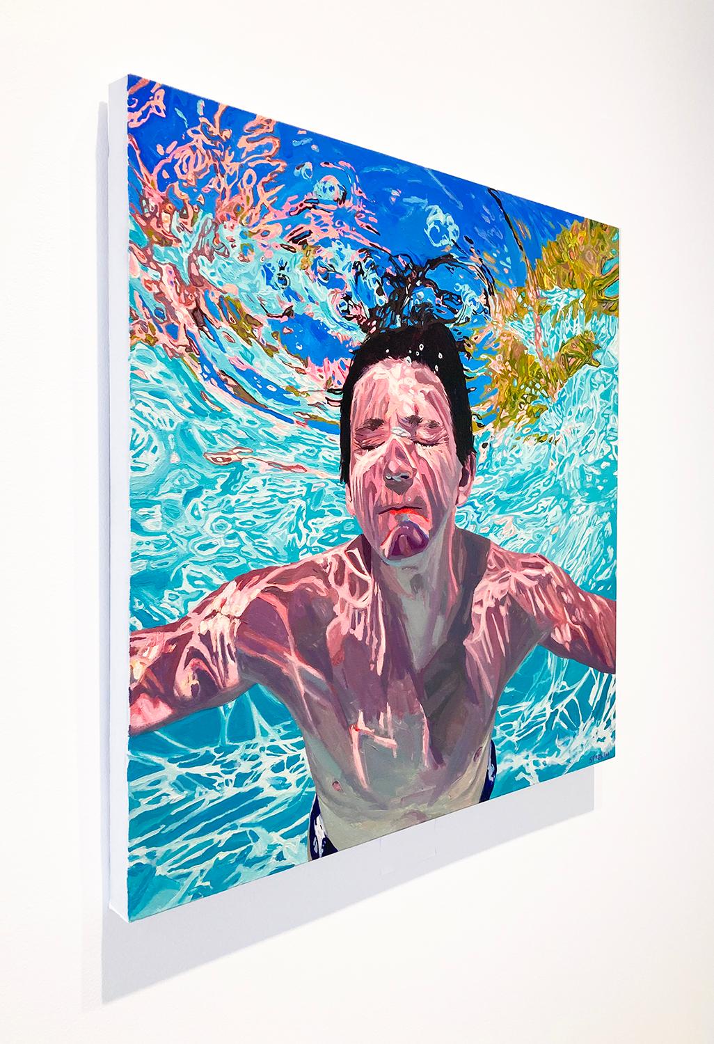 Le bon côté des choses : Peinture figurative photoréaliste d'un jeune homme dans une piscine bleu aquatique  - Photoréalisme Painting par Samantha French