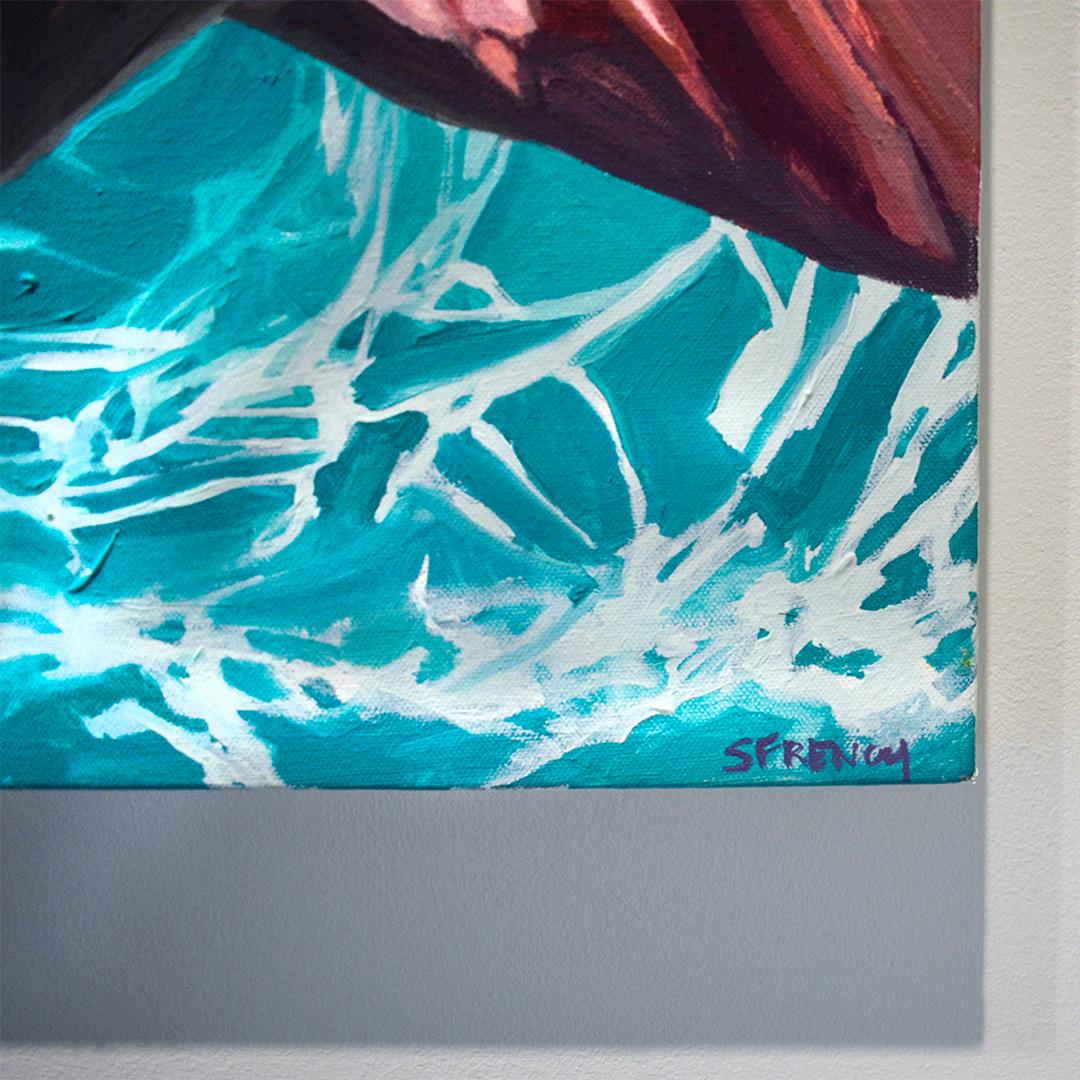 Le bon côté des choses : Peinture figurative photoréaliste d'un jeune homme dans une piscine bleu aquatique  - Gris Portrait Painting par Samantha French