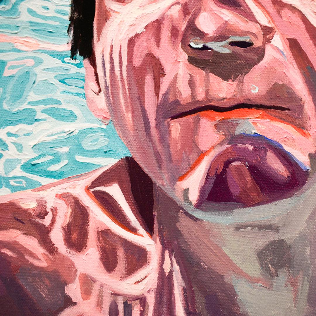 Peinture photo-réaliste figurative carrée d'une vue sous-marine d'un jeune homme nageant dans une piscine bleu aqua.
