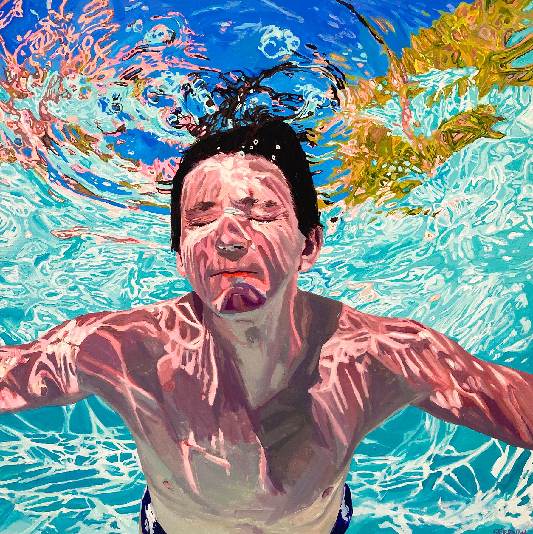 Bright Side: Photorealist Figurative Painting of Young Man in Aqua Blue Pool 