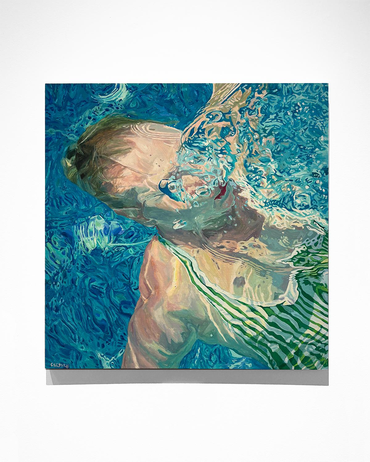 Morning Reflections: Oil Painting of Woman Swimming in Pool - Blue Figurative Painting by Samantha French