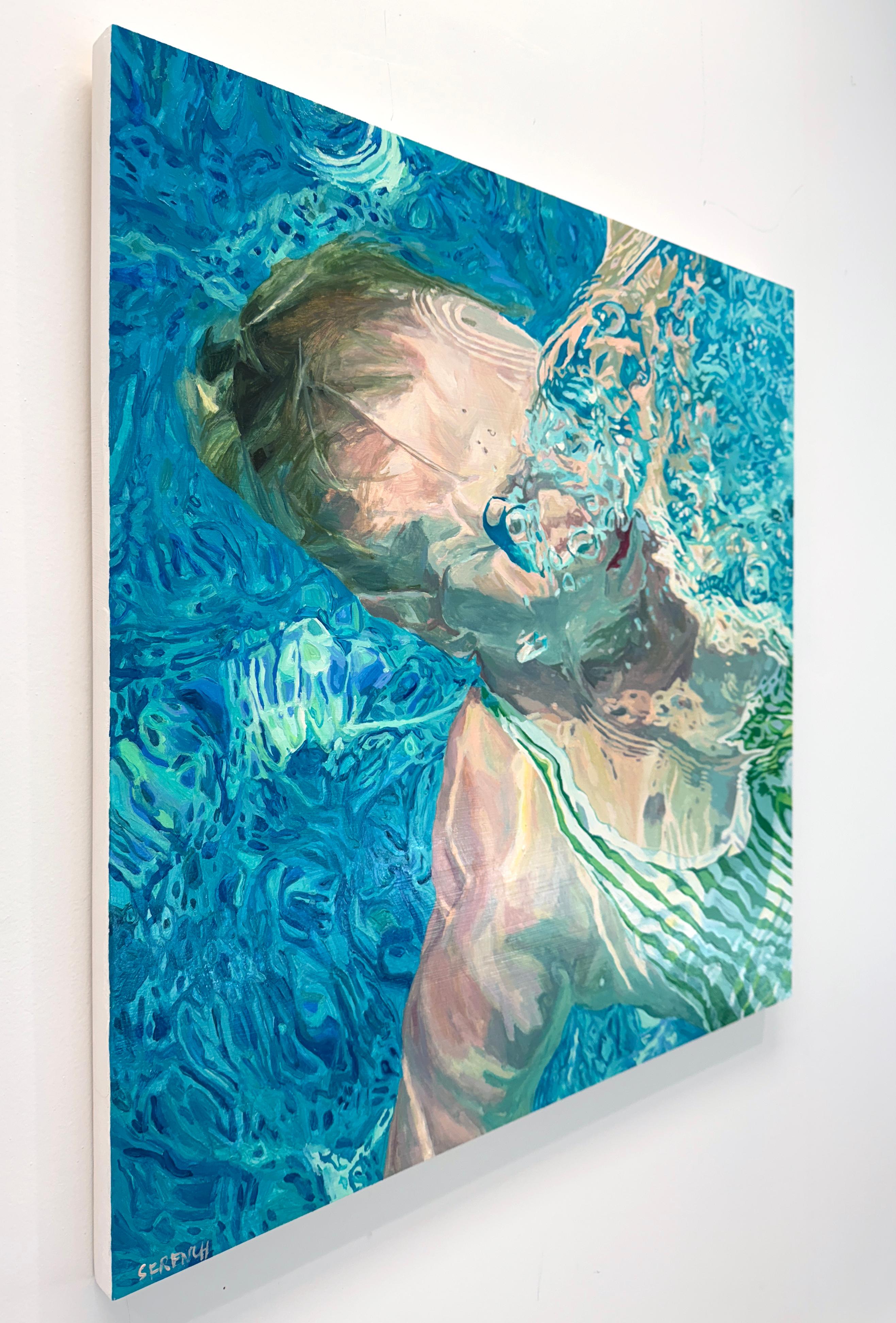 Morning Reflections: Figurative Photo-Realist Oil Painting of Woman in Water - Blue Portrait Painting by Samantha French
