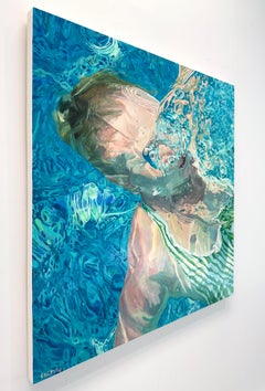 Reflexiones matutinas: Pintura al óleo figurativa fotorrealista de mujer en el agua