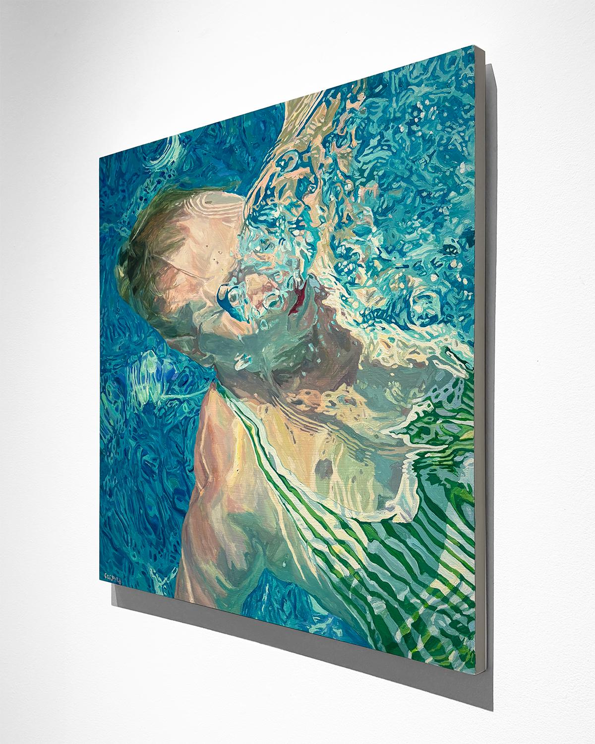 This photo-realist painting of a woman swimming in an aqua blue pool
