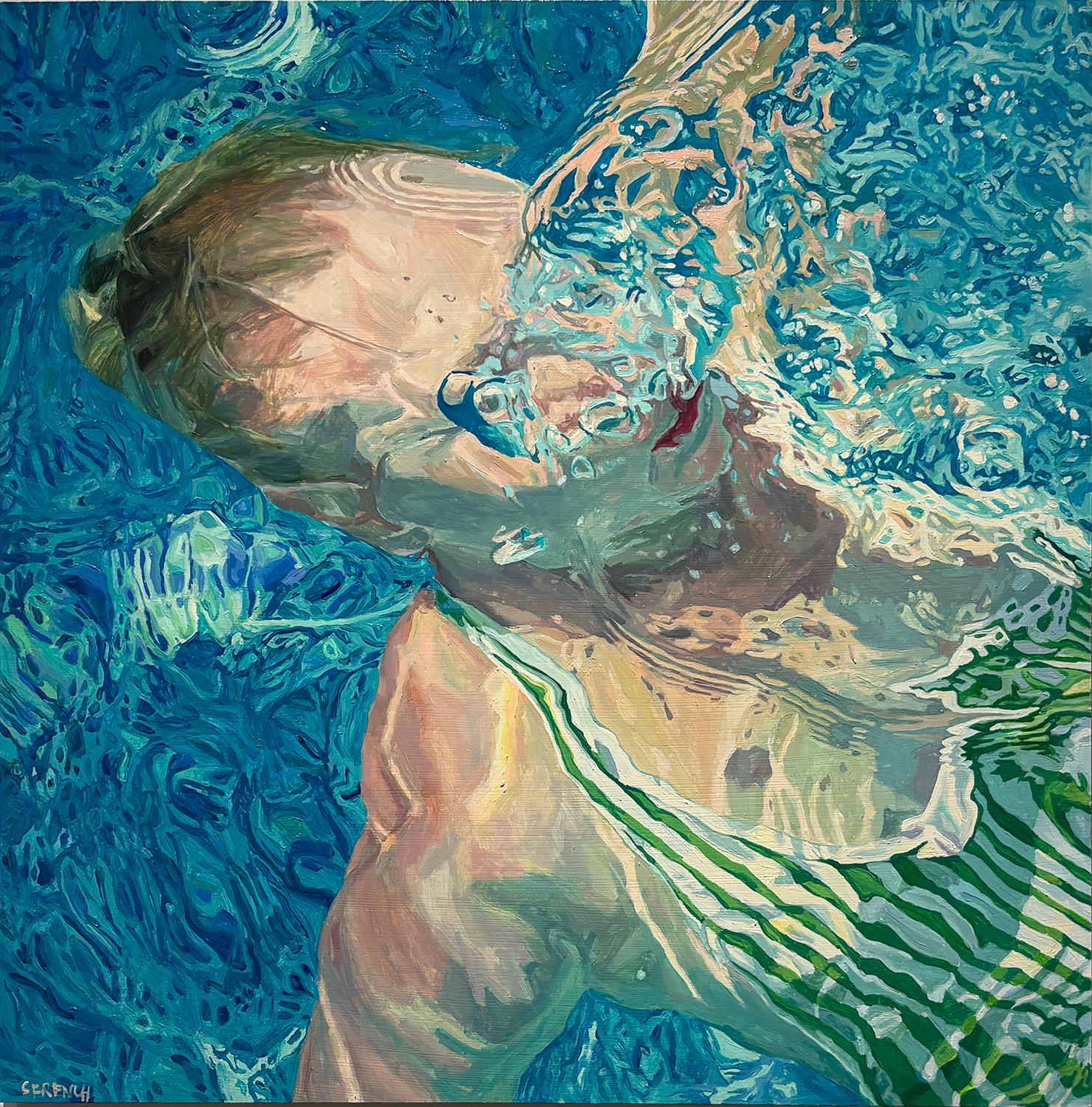 Samantha French Figurative Painting - Morning Reflections: Oil Painting of Woman Swimming in Pool