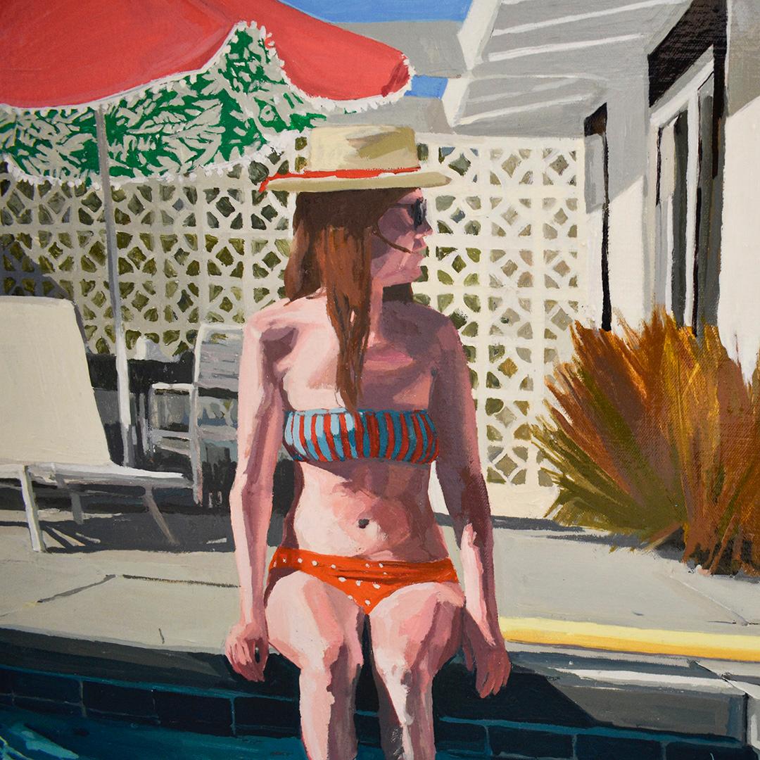 Horizontal figurative photo-realist painting of a man and woman relaxing poolside in a Palm Springs, California landscape
