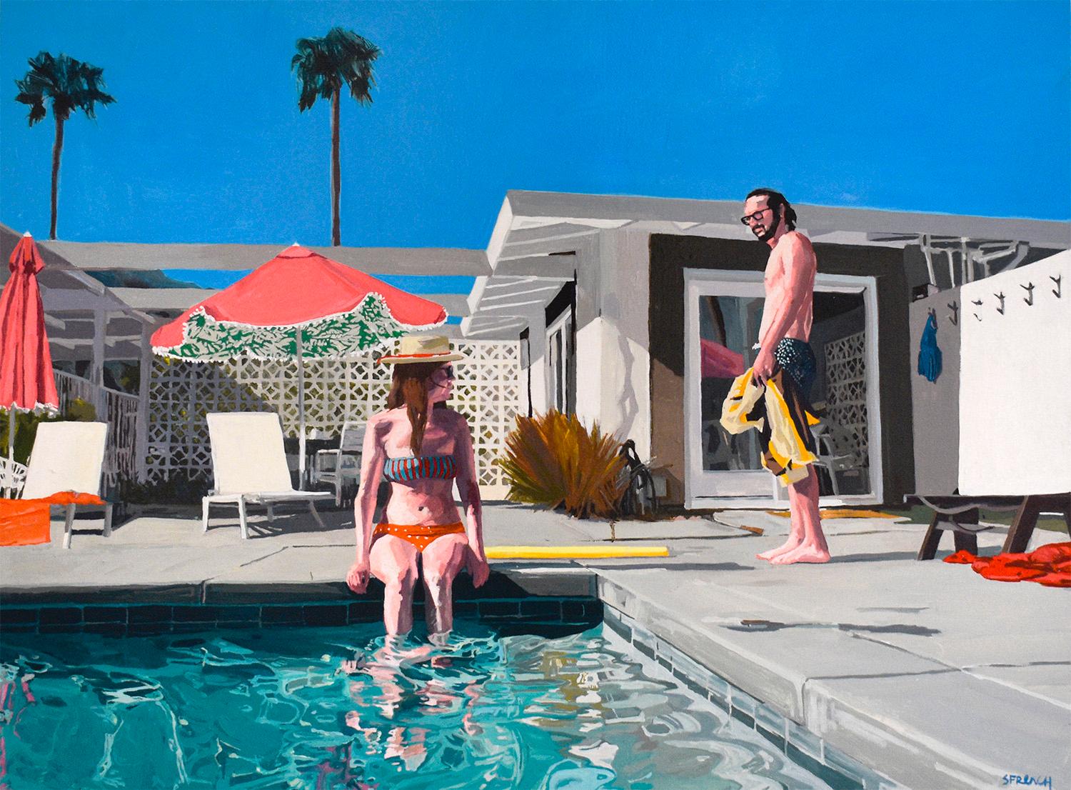 Samantha French Landscape Painting - Palm Springs: Figurative Painting of Swimmers in a California Poolside Landscape