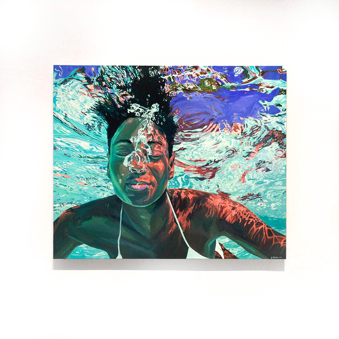 Rising Tides : Peinture figurative photoréaliste d'une femme au bord d'une piscine - Painting de Samantha French