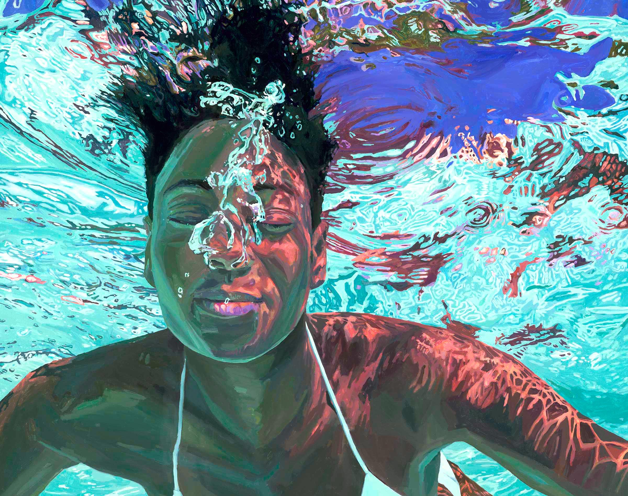 Rising Tides: Photorealist Figurative Painting of a Woman in Aqua Pool Water