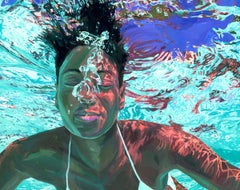 Rising Tides : Peinture figurative photoréaliste d'une femme au bord d'une piscine