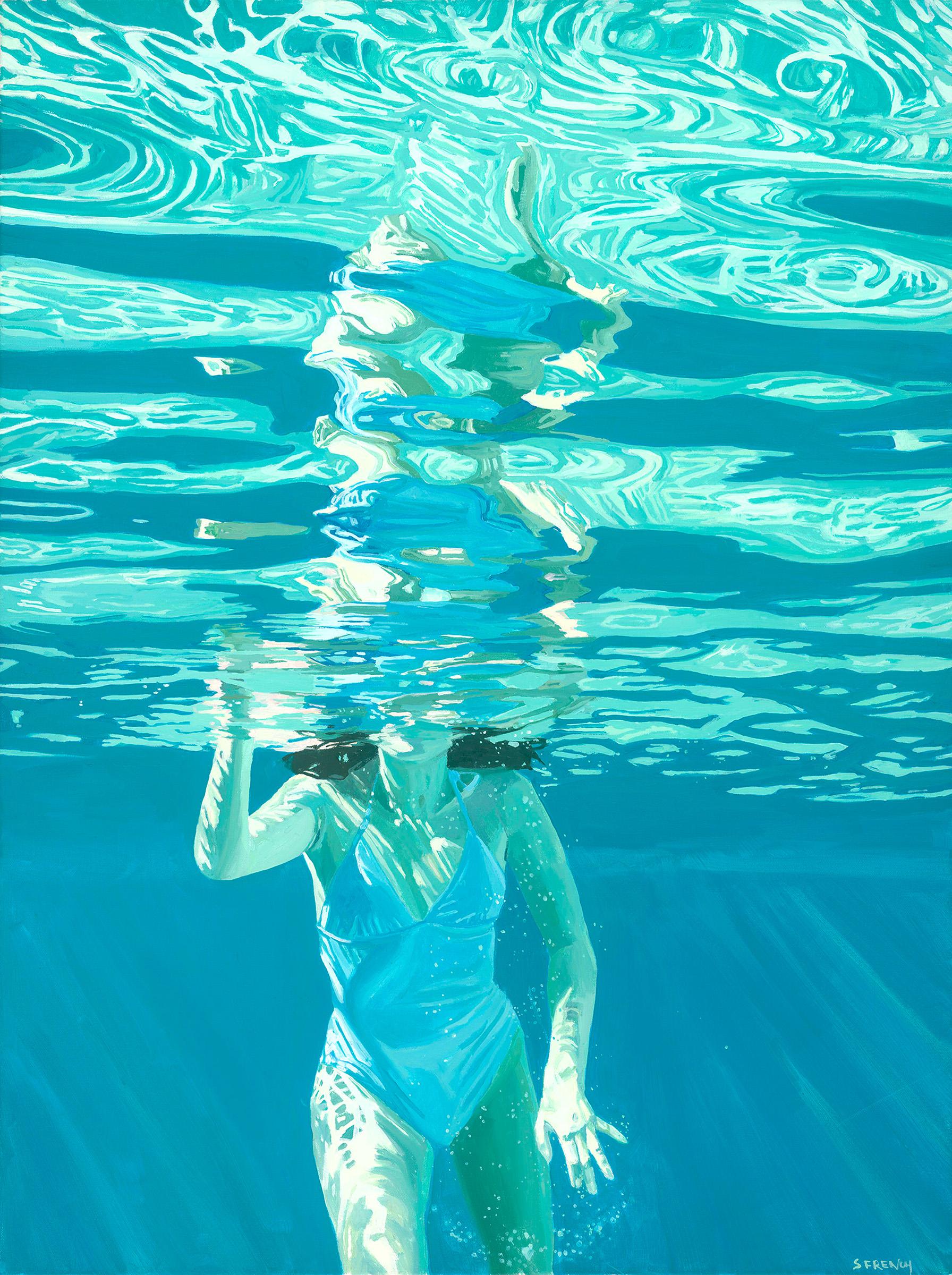 Samantha French Figurative Painting - Soak In Soundless: Figurative Photorealist Painting of Swimmer in Aqua Pool   