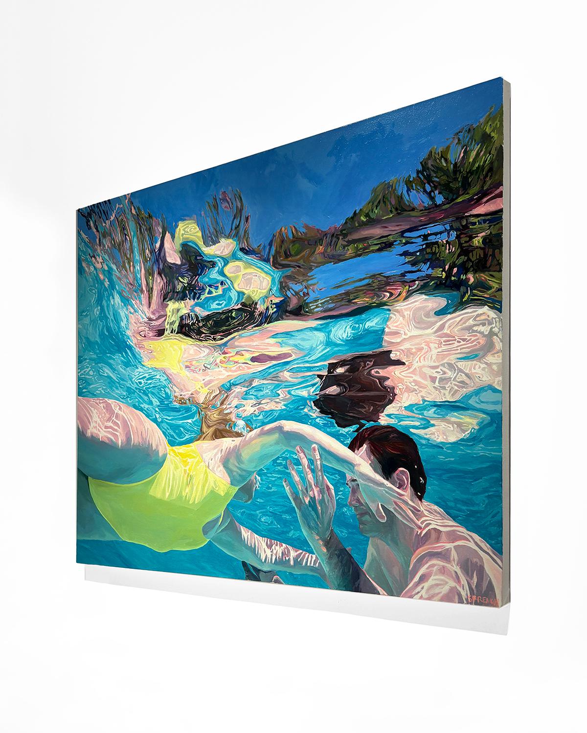 Summer Solstice: Oil Painting of Two People Swimming in Pool For Sale 9