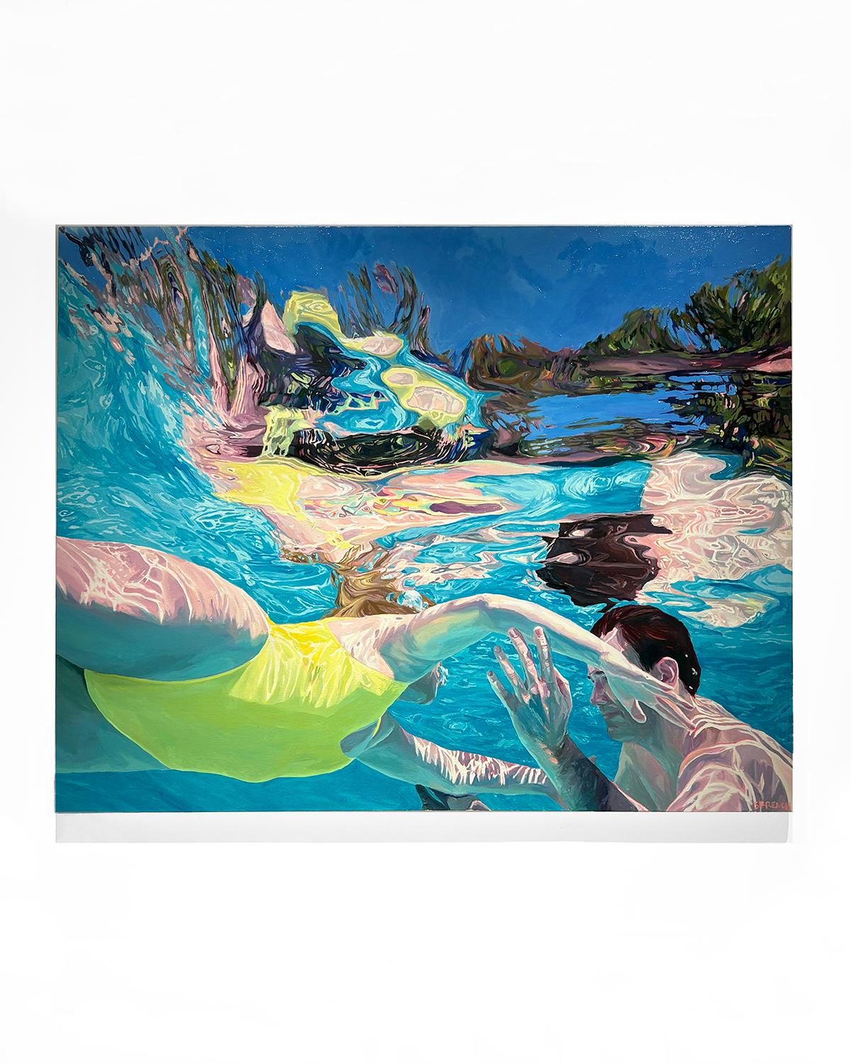 Summer Solstice: Oil Painting of Two People Swimming in Pool - Blue Figurative Painting by Samantha French