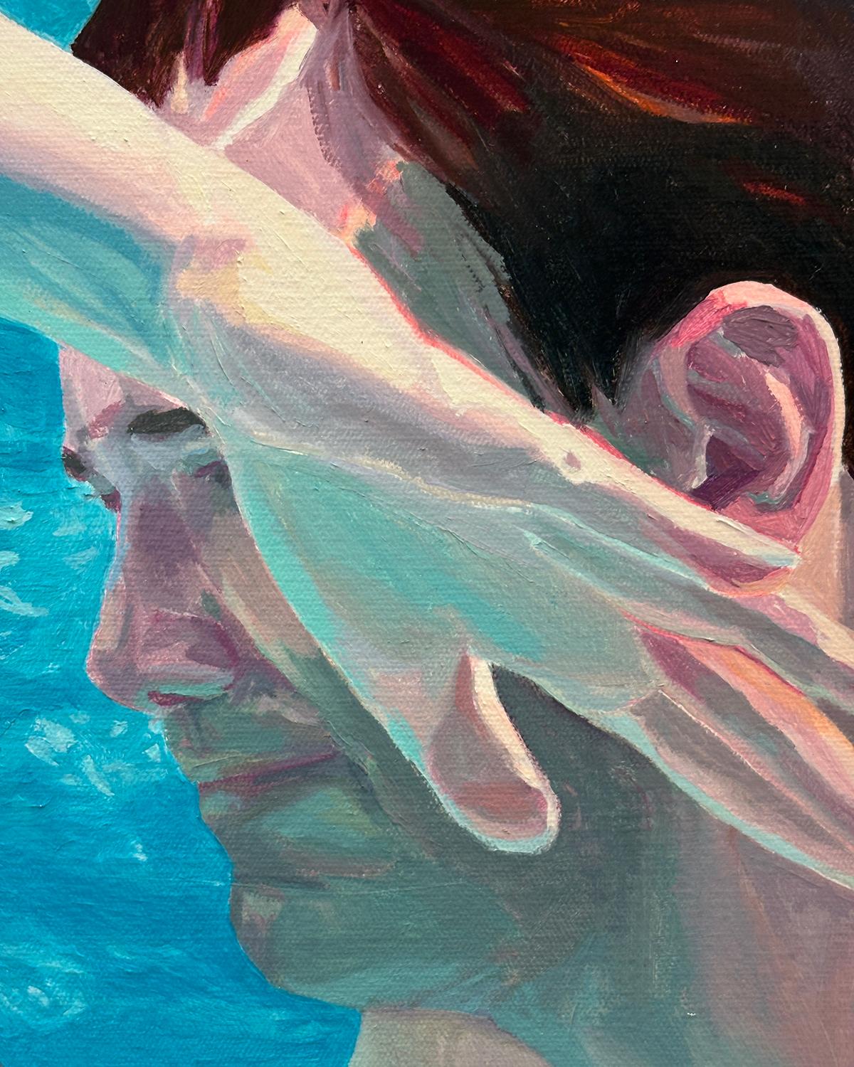 Summer Solstice: Oil Painting of Two People Swimming in Pool For Sale 2