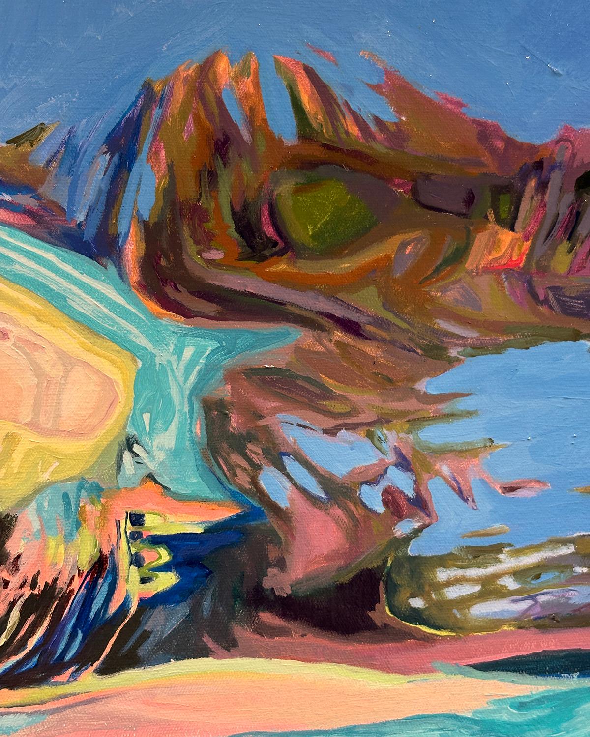 Summer Solstice: Oil Painting of Two People Swimming in Pool For Sale 3