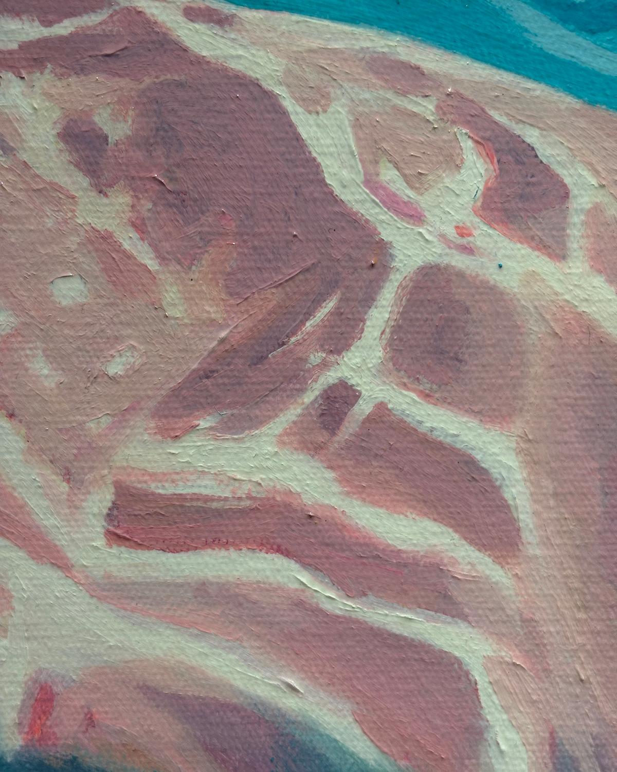 Summer Solstice: Oil Painting of Two People Swimming in Pool For Sale 6