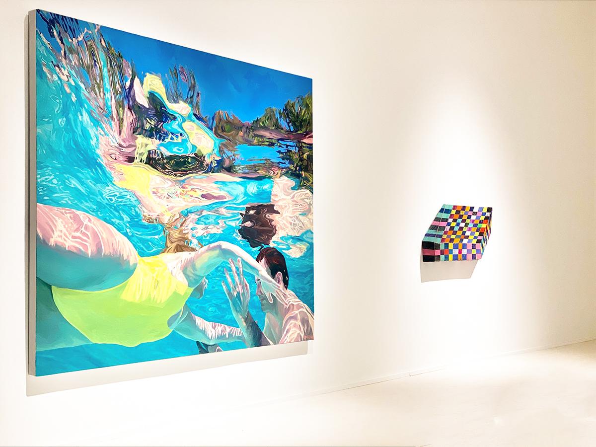 Summer Solstice: Photo-Realist Figurative Oil Paining of Two Swimmers in Aqua - Blue Figurative Painting by Samantha French