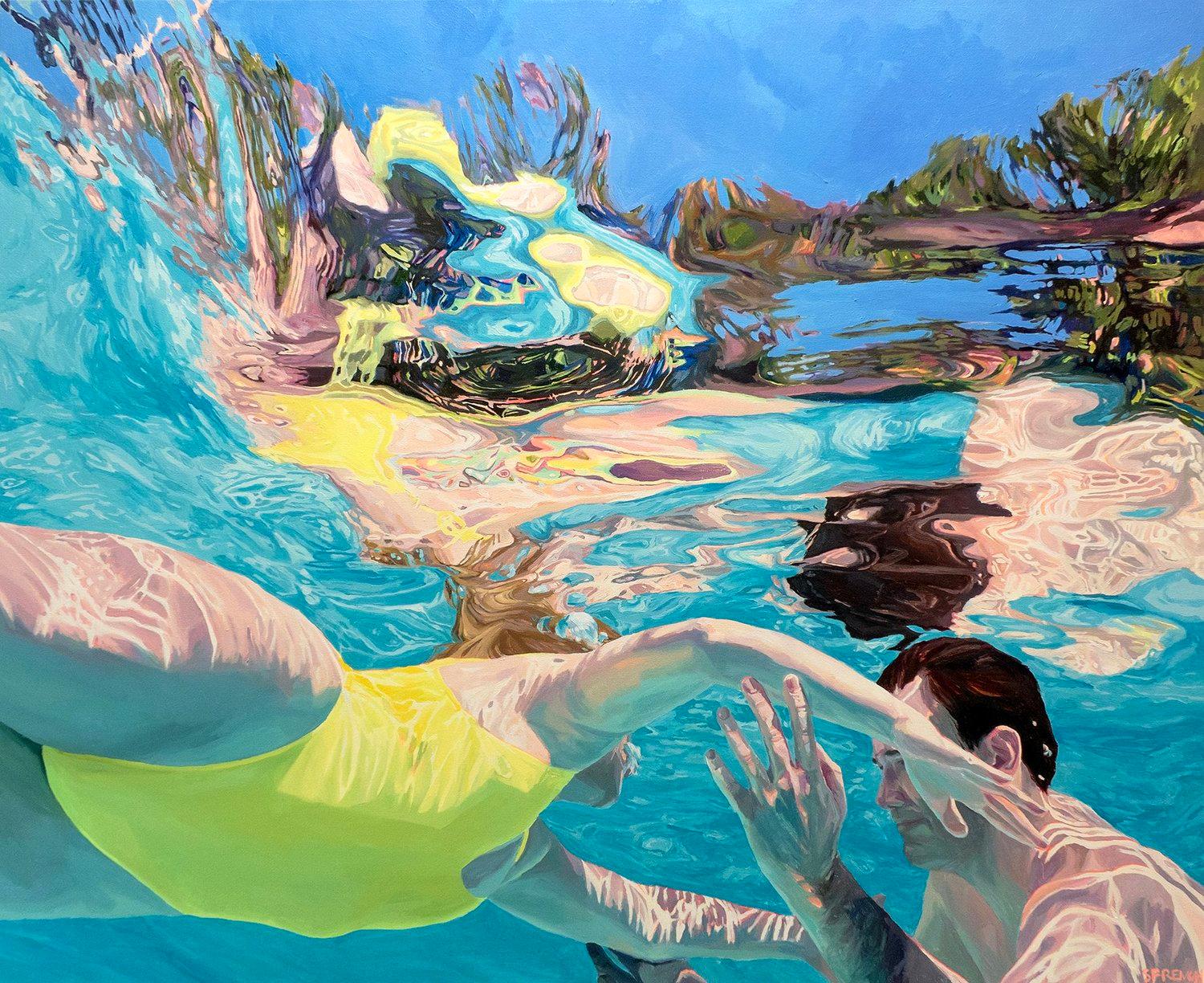 Summer Solstice: Photo-Realist Figurative Oil Paining of Two Swimmers in Aqua