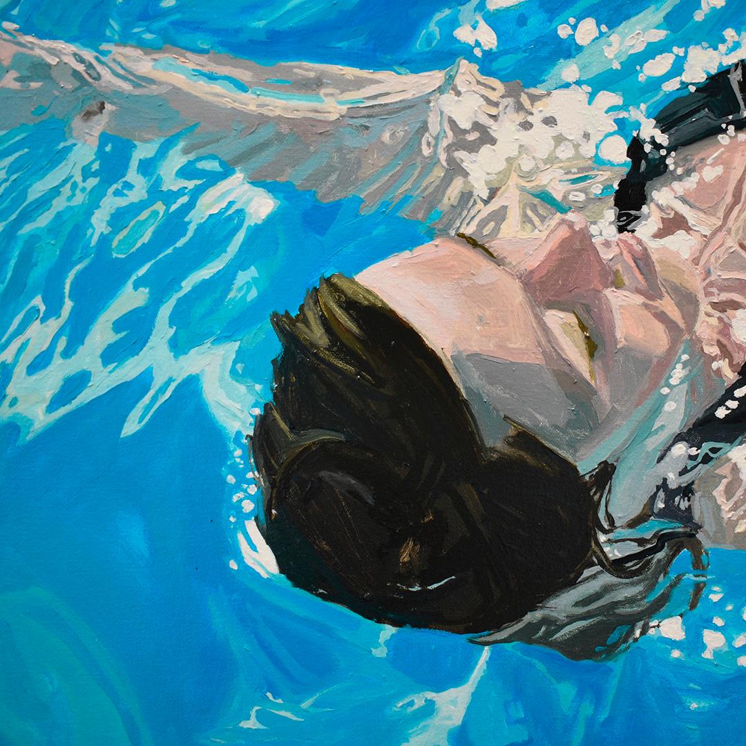 Weightless, Timeless: Oil Painting of Two Women Swimming in Pool - Blue Figurative Painting by Samantha French
