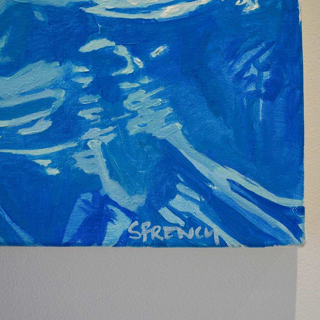 Senza peso, senza tempo: Pittura a olio di due donne che nuotano in piscina in vendita 1