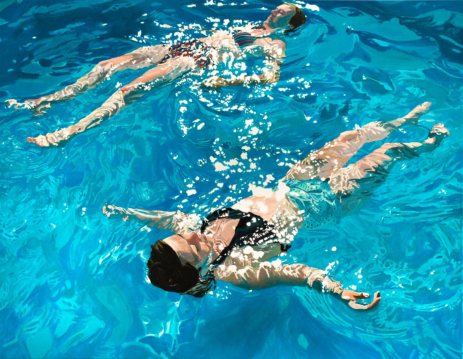 Weightless, Timeless: Oil Painting of Two Women Swimming in Pool