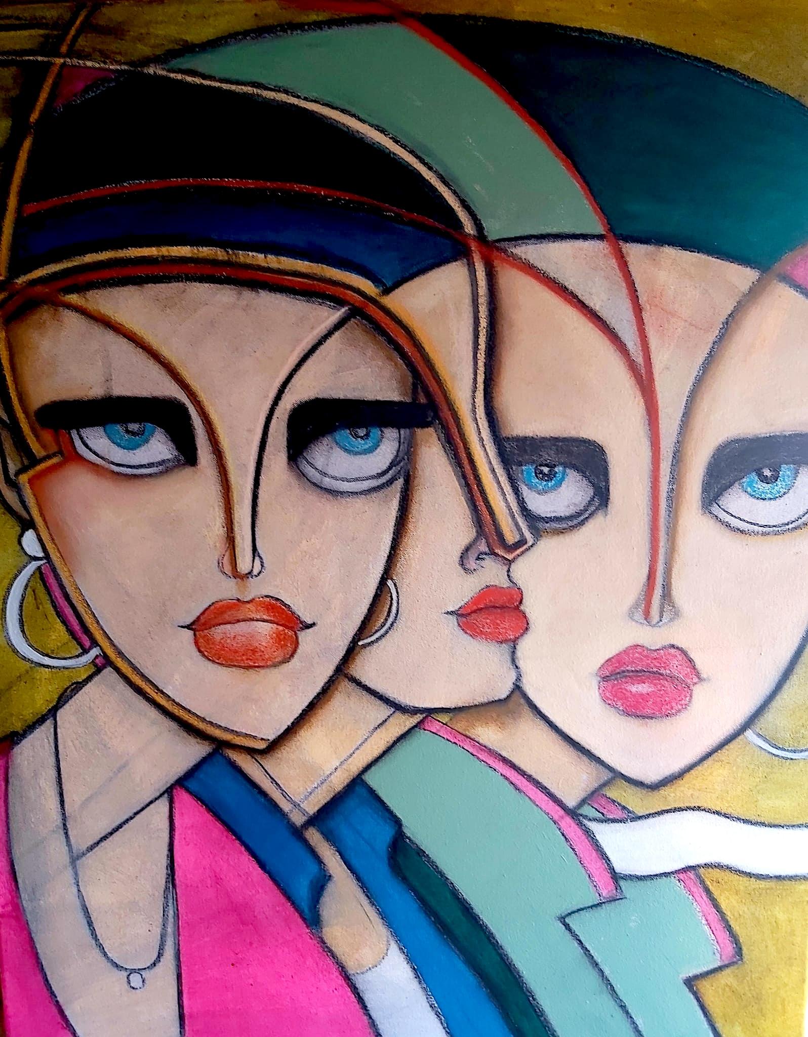 Figurative Painting Samantha Millington - Les sœurs partant. Peinture figurative contemporaine en techniques mixtes