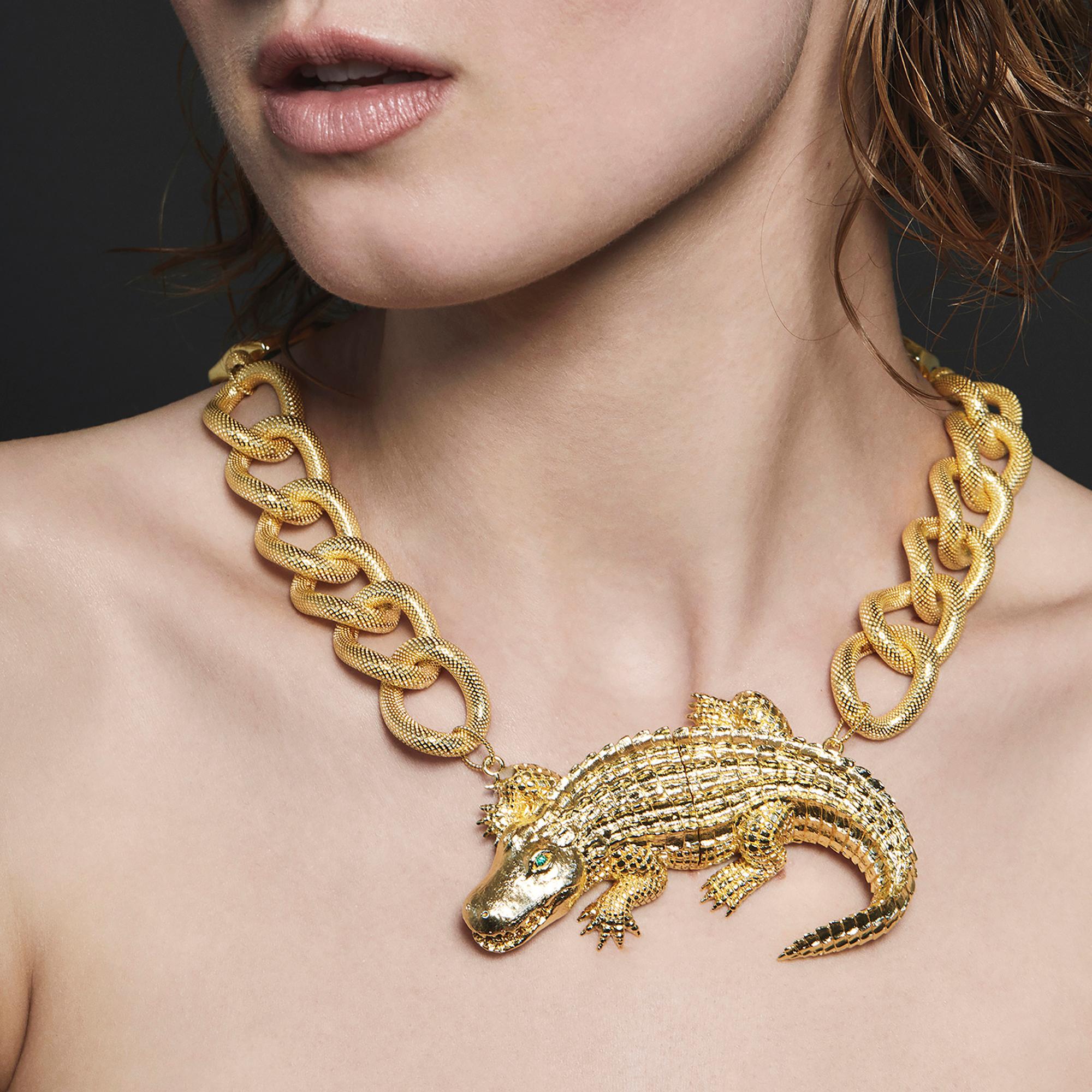 Frequent rendezvous in the Sunshine State lead to A Love Affair of dazzling adventure and travel. The Eye-Shine Necklace pays tribute to Florida’s official reptile, the American alligator and one of the many areas it calls home—the unique Everglades