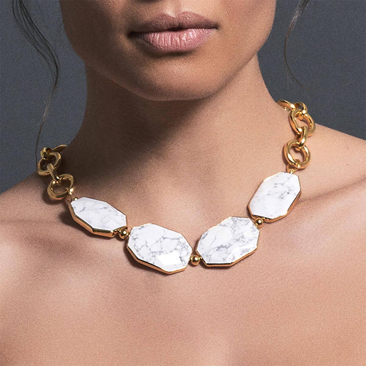 The Renaissance Romance Necklace is inspired by the first time A Love Affair develops in Europe. It specifically celebrates the revolutionary skills, beauty, and prestige ingrained in Italian history. Howlite stone represents the deep-rooted Italian