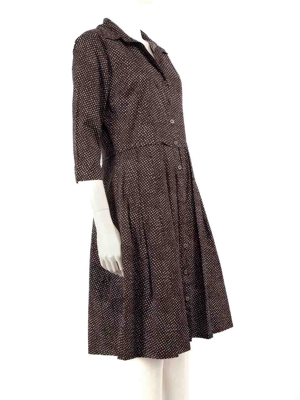 CONDITION is Very good. Minimal wear to dress is evident. Minimal wear to the dress with some loose buttons on this used Samantha Sung designer resale item.
 
 
 
 Details
 
 
 Brown
 
 Cotton
 
 Midi dress
 
 Polkadot pattern
 
 V neckline
 
 Mid
