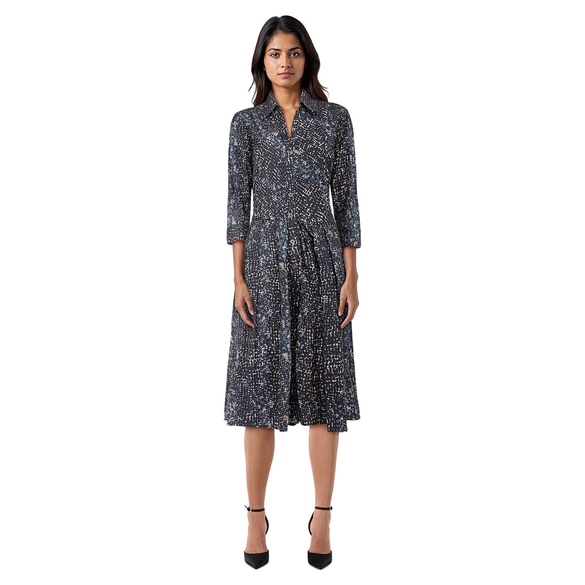 Samantha Sung, robe plissée bleu marine à imprimé abstrait, taille XL