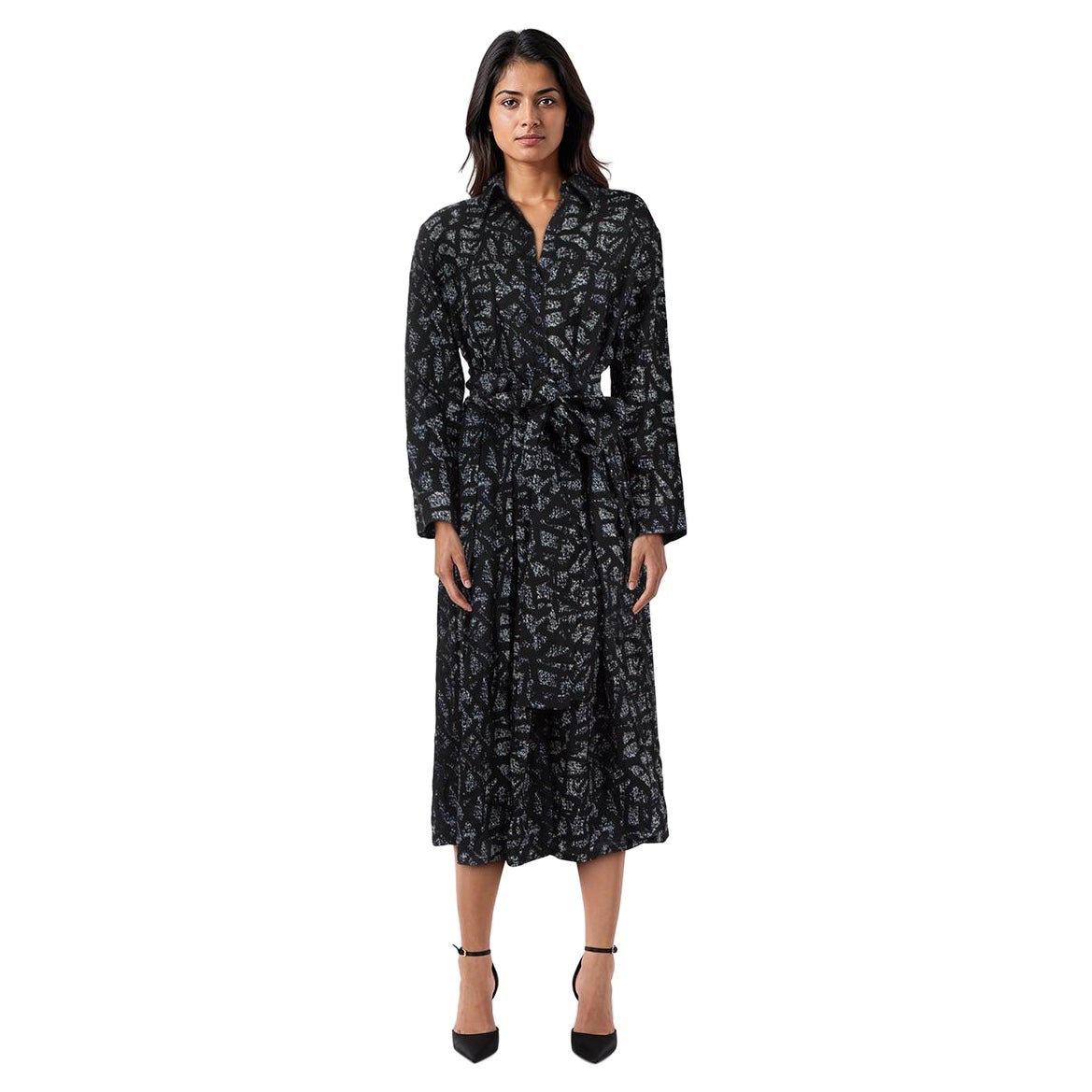 Samantha Sung - Robe midi ceinturée en laine à imprimé abstrait, taille XL