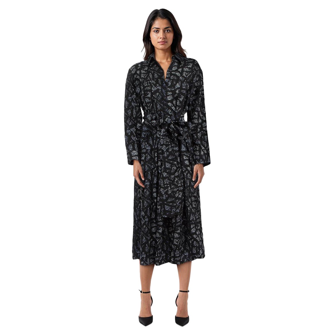 Samantha Sung - Robe midi ceinturée en laine à imprimé abstrait, taille XL