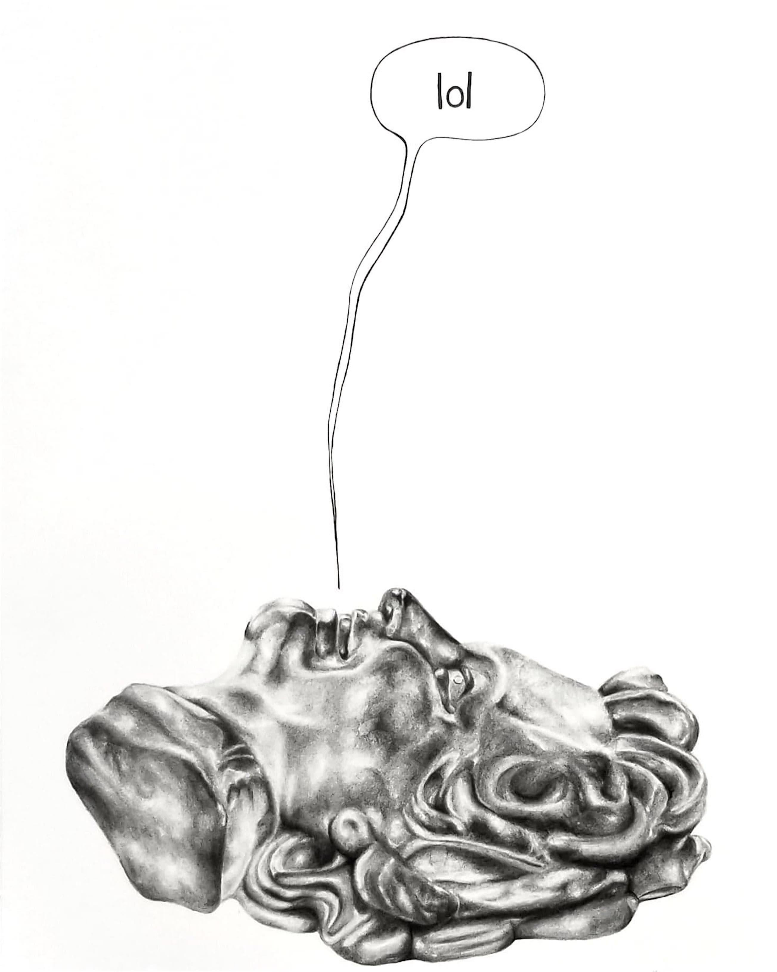 In questo disegno a carboncino, l'artista ha voluto esplorare una composizione che giustappone la familiare scultura figurativa iper-maschile con una giocosa contrapposizione alla mentalità del "fratello". A volte gli esseri umani non devono essere
