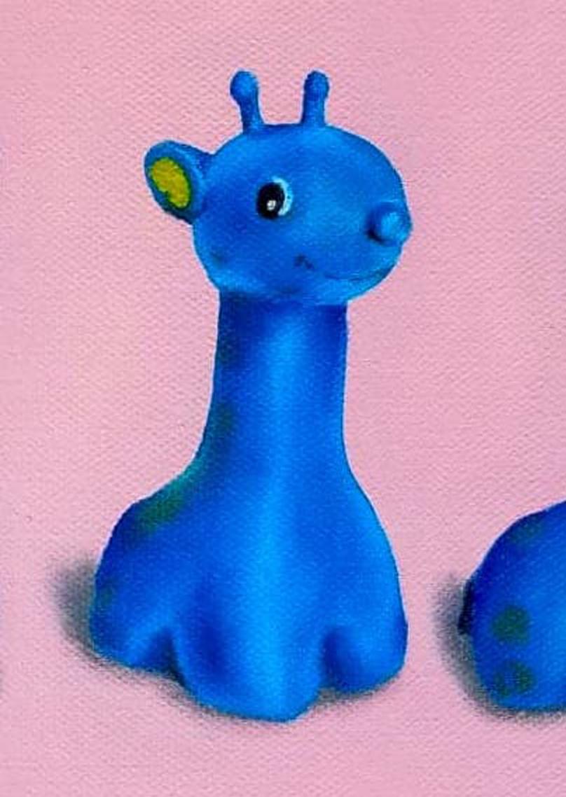 This painting was inspired by the artists very first toy, a small blue giraffe, given to her as a day-old baby. It is something that has been around her whole life, and even though it is inanimate, there is a feeling of personification through the