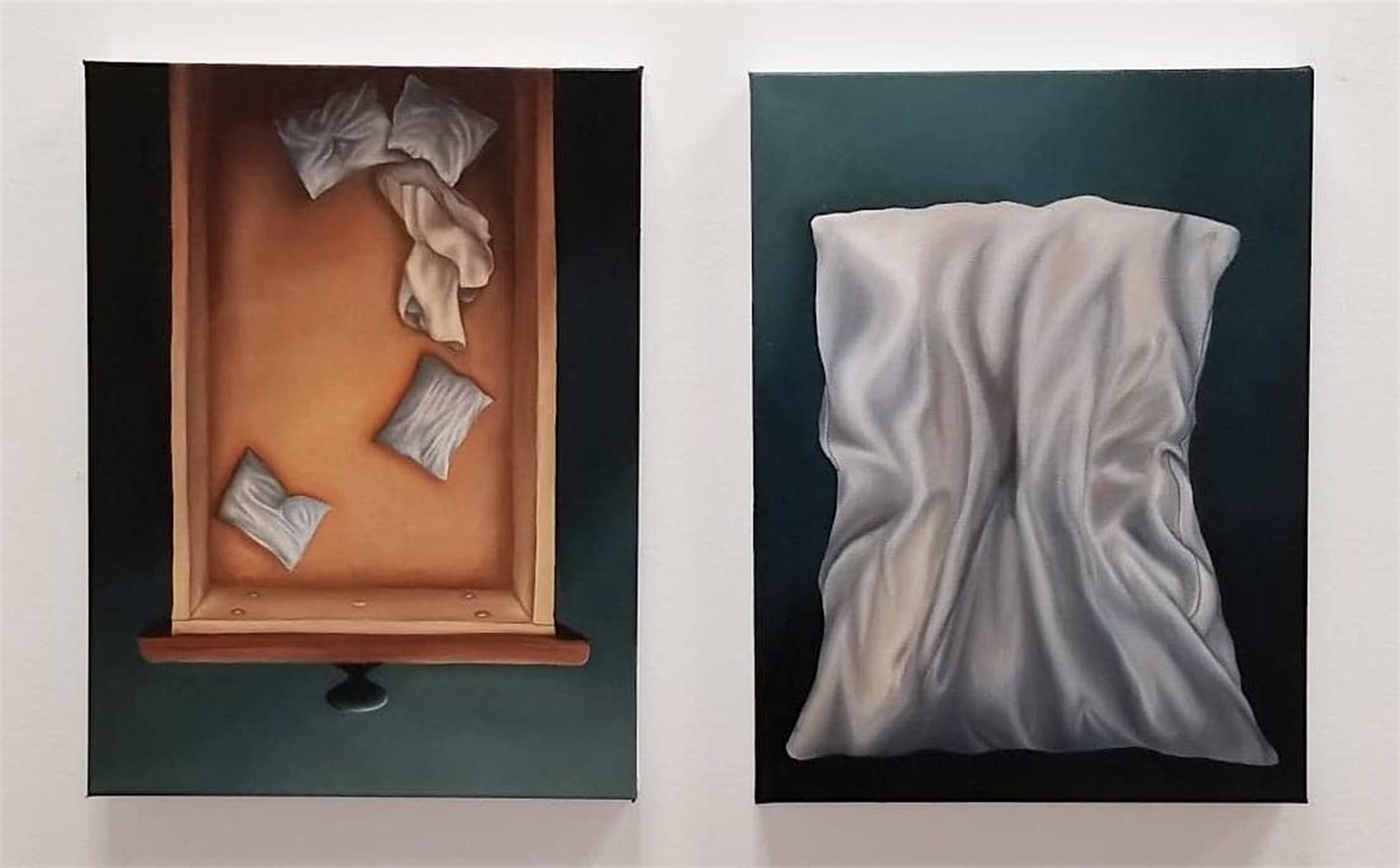 Pull Shapes (Duet) is a diptych that subtly explores surrealism, focusing in on the intimacy of the bedroom space. Pillows are this central point of comfort in our day to day, and the artist wanted to play with scale, mystery, and the night table