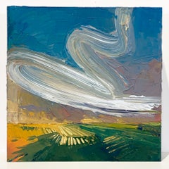 Cloud Swoop, soft textured sky and green Canadian landscape, acrylic on panel