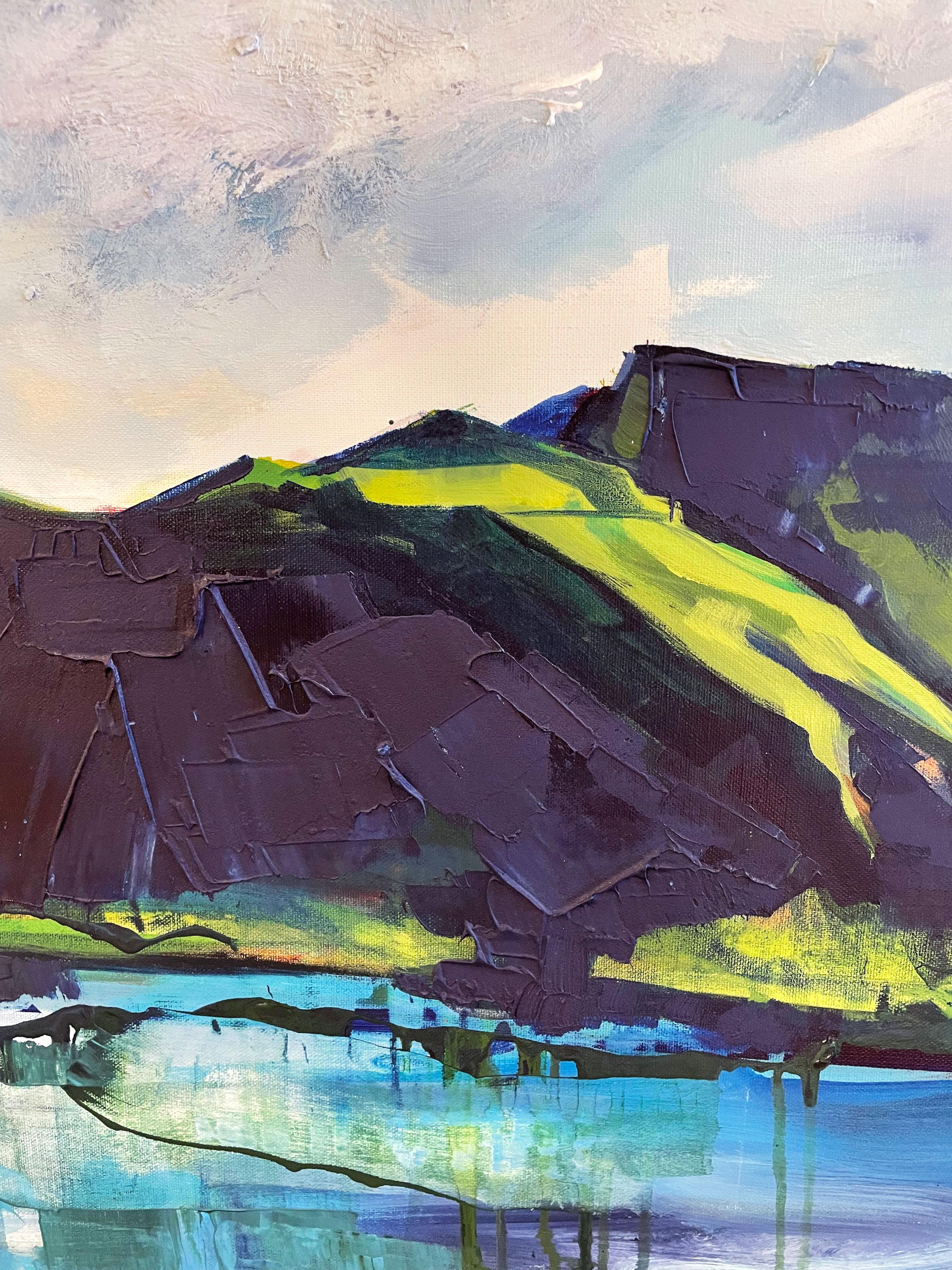 Lake Life, large textural mountain and lake landscape, acrylic on canvas, 2022 - Gray Abstract Painting by Samantha Williams-Chapelsky