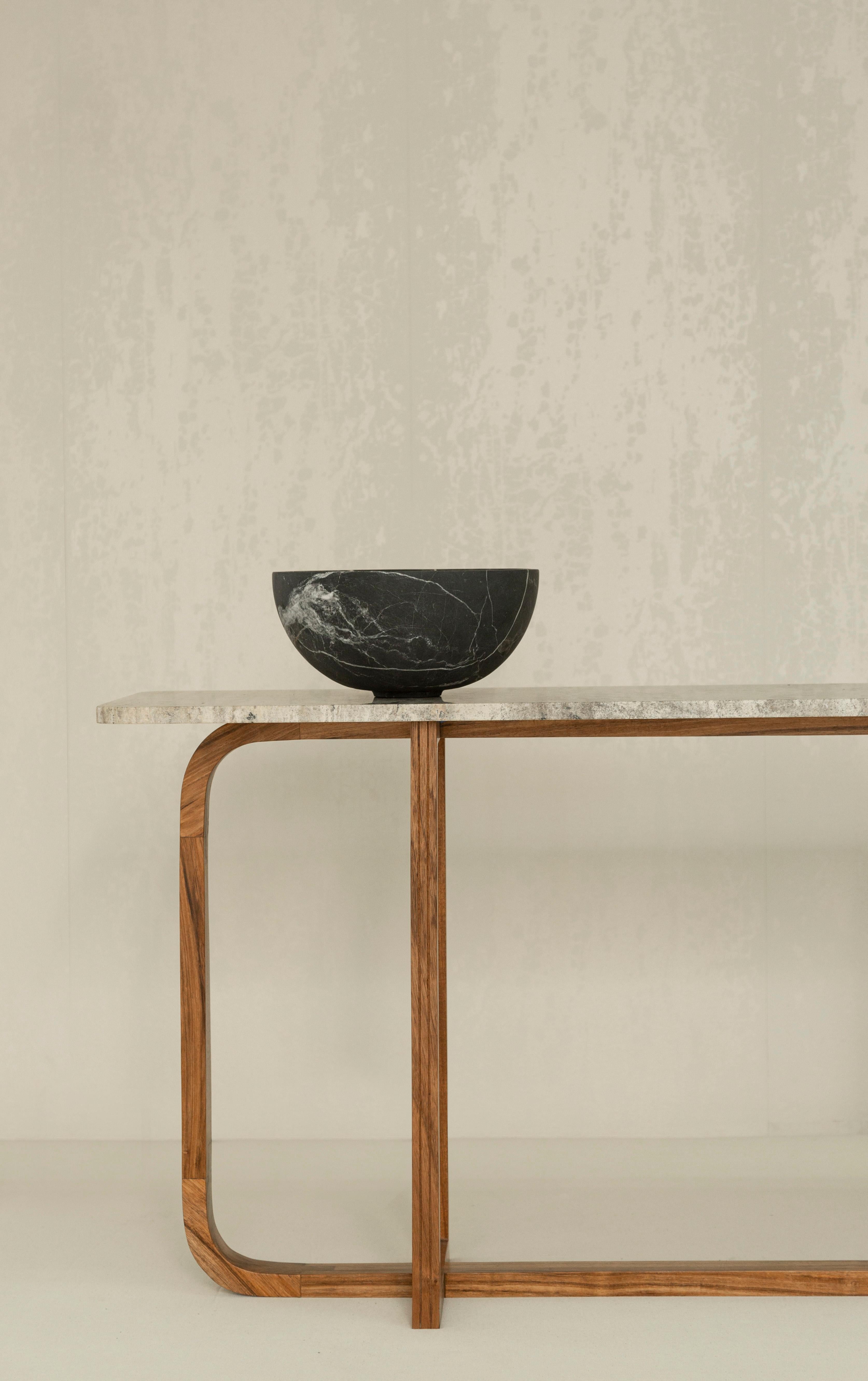 Mexican Samara Console Table in Tzalam Wood and Travertine Marble by Tana Karei For Sale