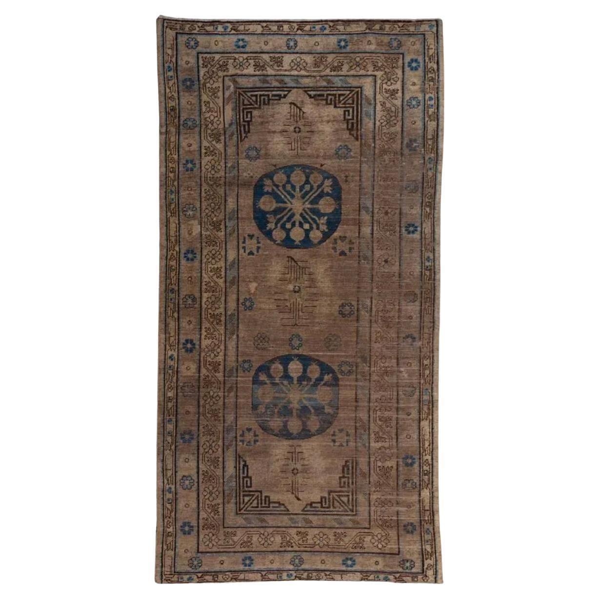 Samarkand Khotan Double-Medallion Wool Carpet (9' 3" x 4' 7") For Sale