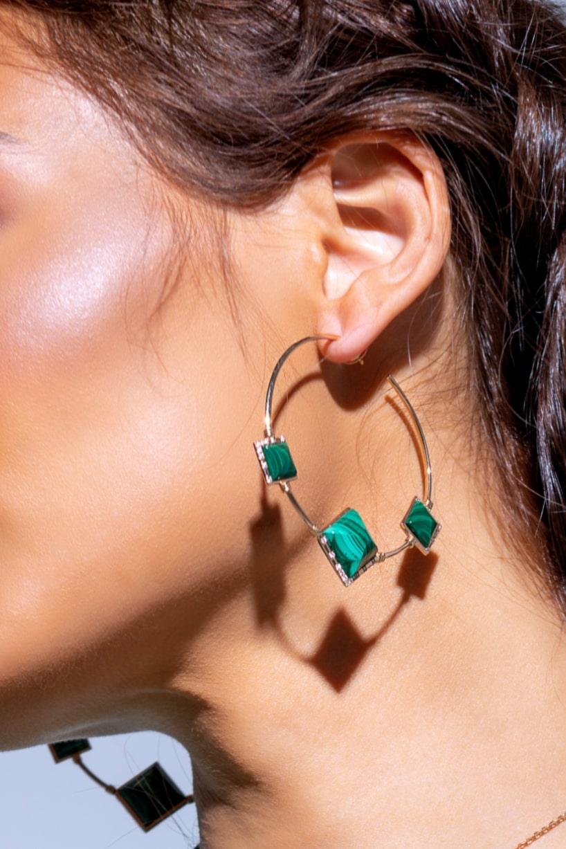18 Carat Rose Gold Hoops 60mm (2.36 inches) with Double Sided Pyramids Carved in Malachite and 