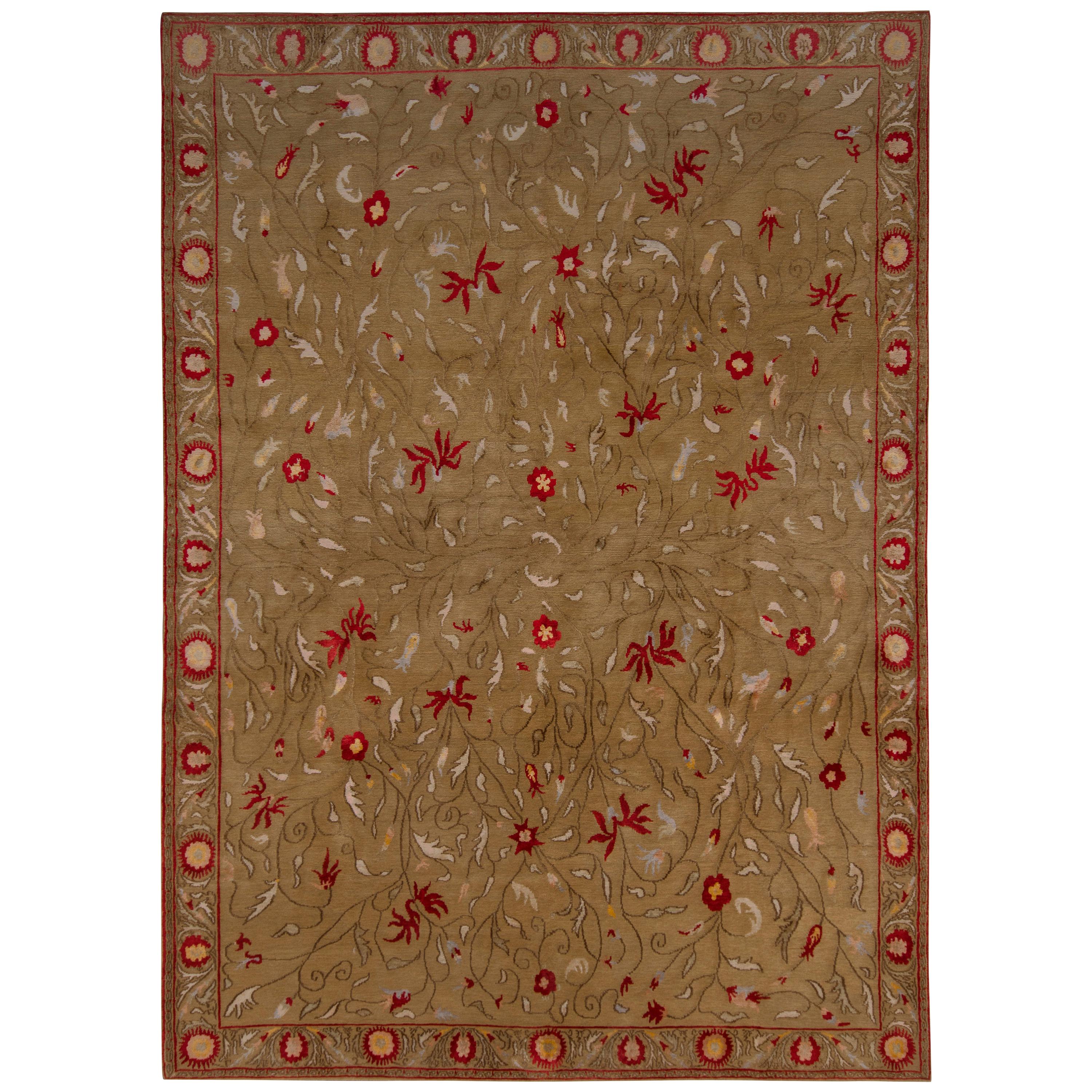 Rug & Kilim's Samarkand Style Rug Red Green European Wool Silk Floral For Sale