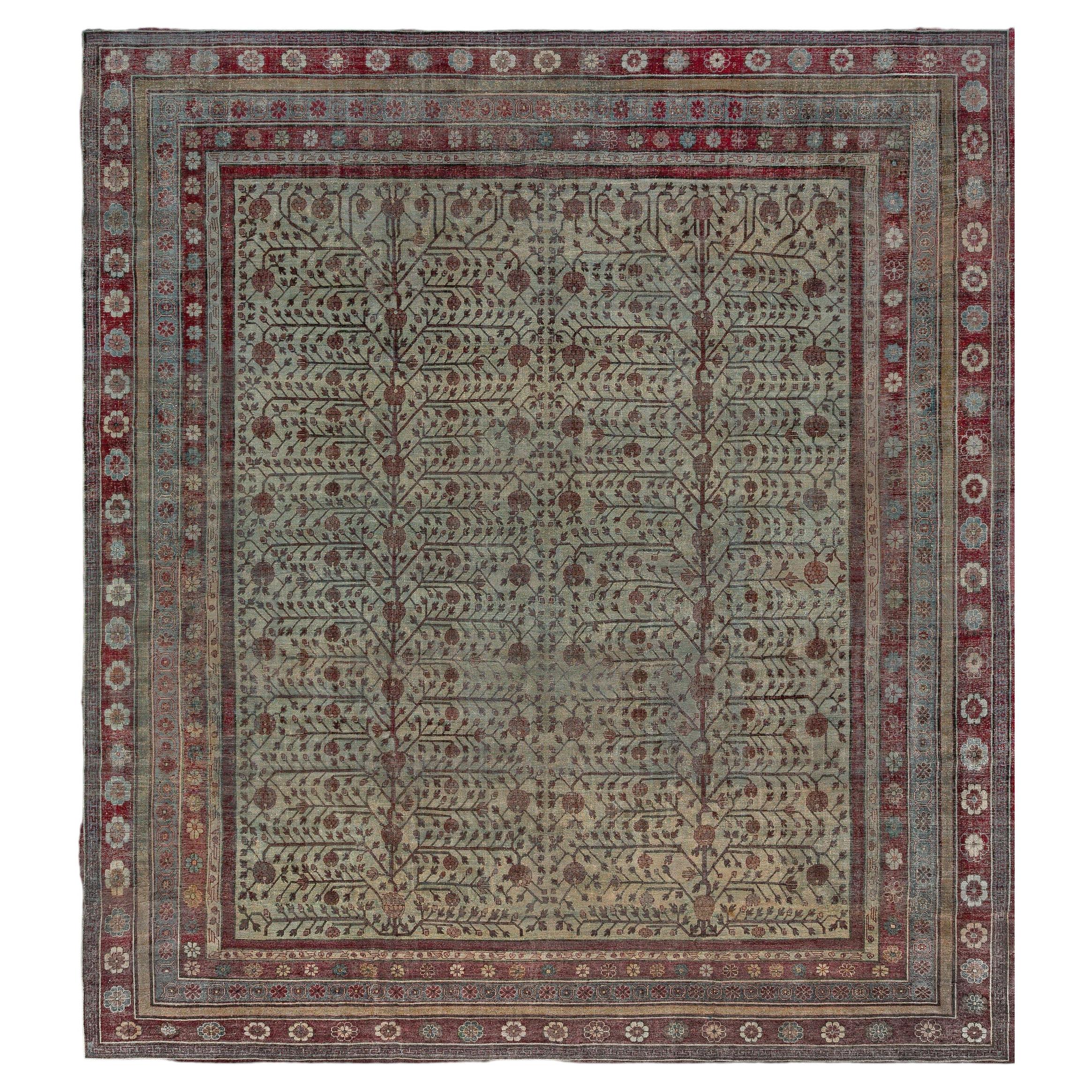 Samarkand Vintage Rug In Pale Sand - Silk - Yarkand Pomegranate Design