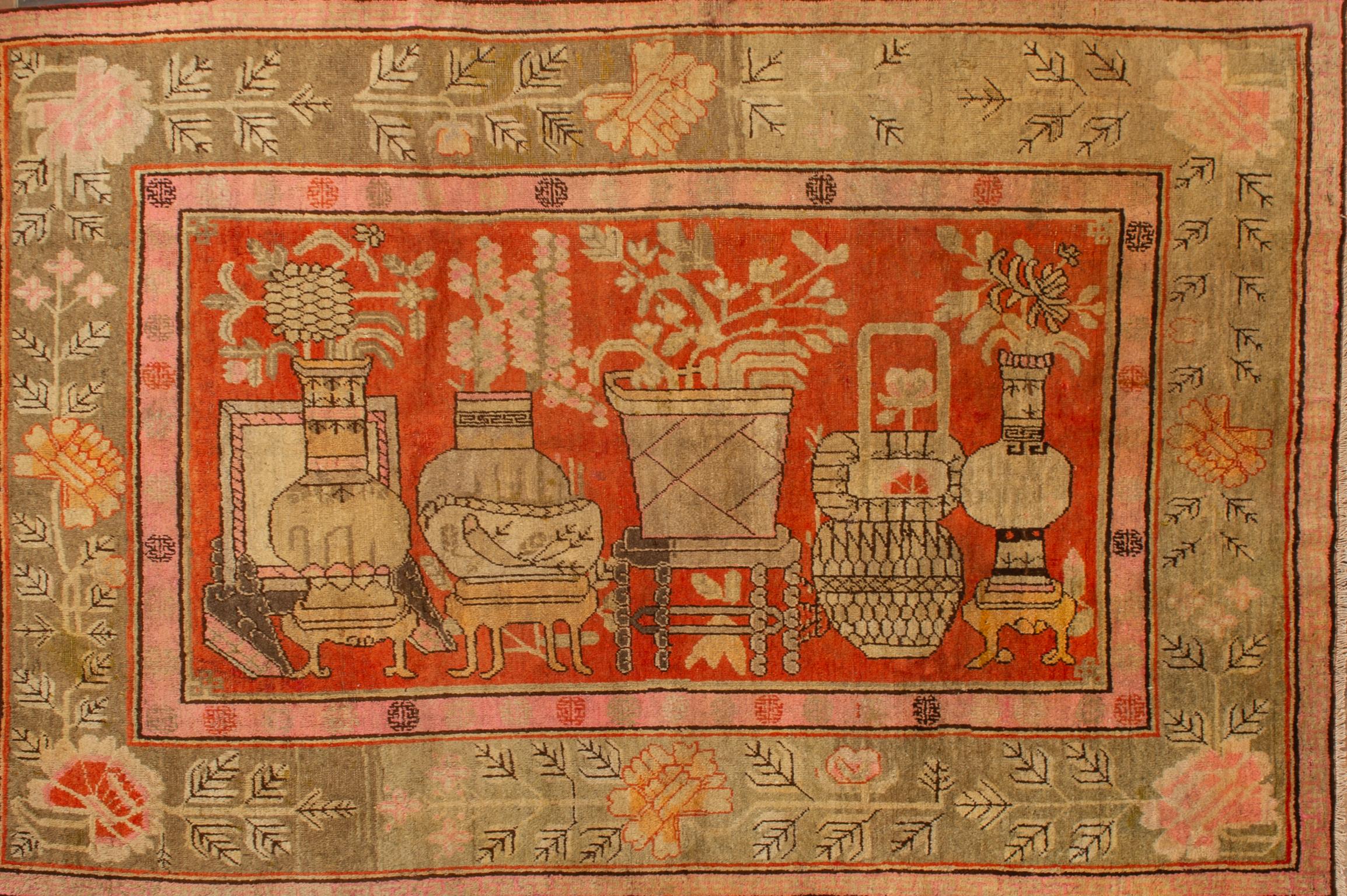 East Turkestani Samarkanda or Khotan Pictorial Rug For Sale