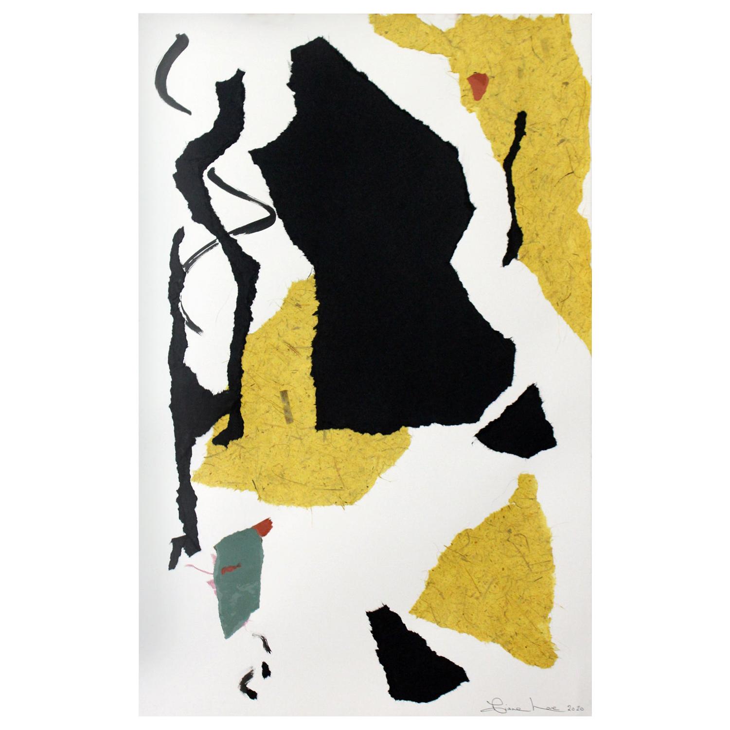 "Samba, " 2020 Abstract Collage in Black, White and Mustard by Diane Love