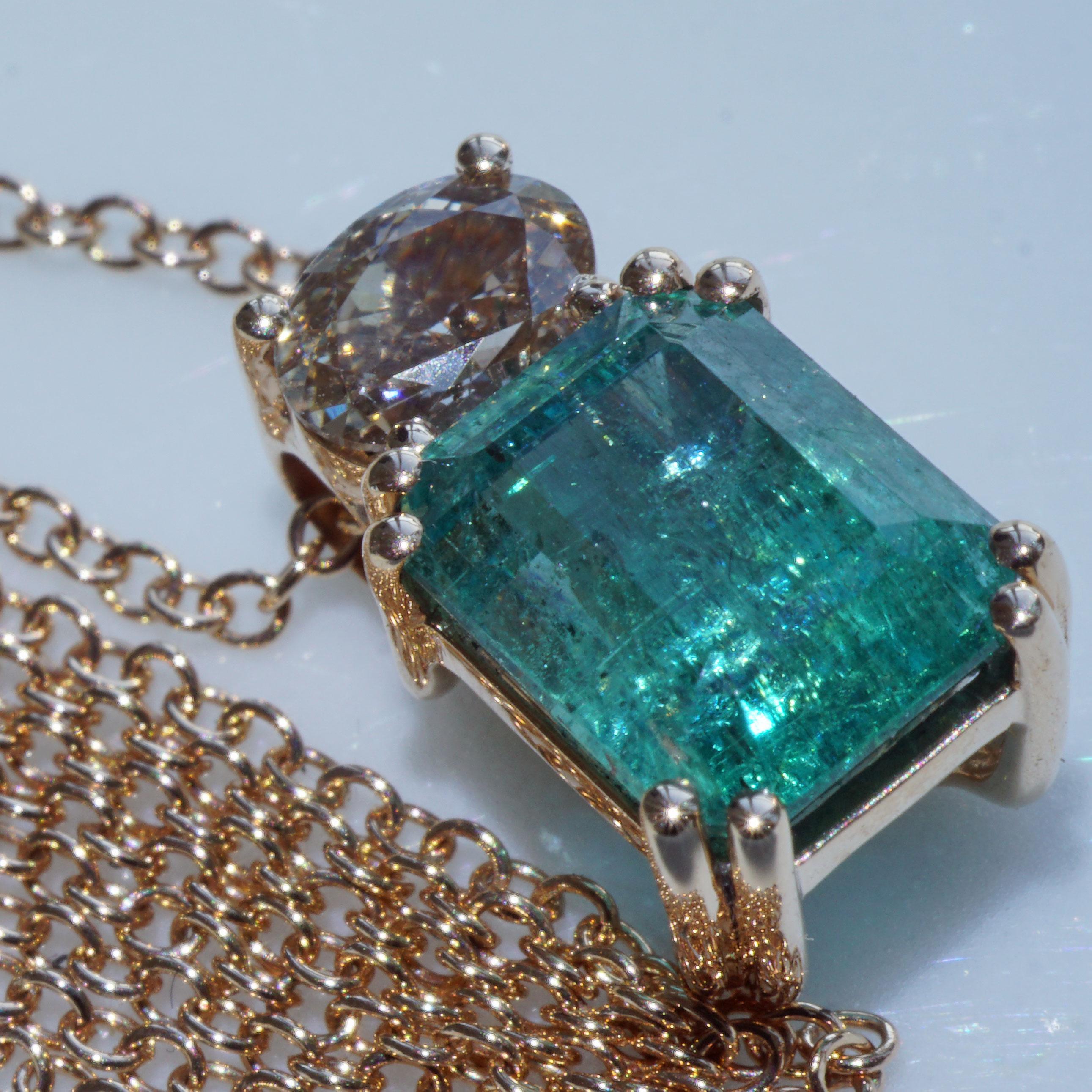 Antique Cushion Cut Sambia Emerald Brilliant Pendant with Chain  2.49 ct 0.51 ct IGI AIG Certified For Sale