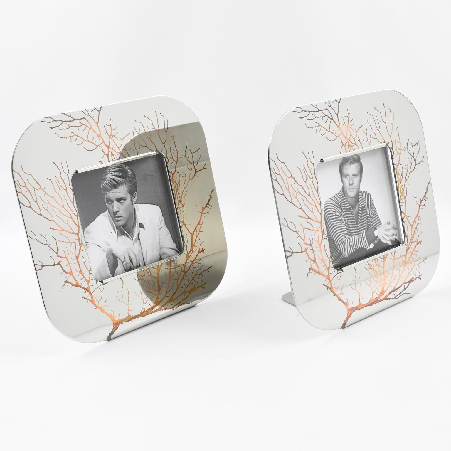 Modern Sambonet Italy Chrome and Copper Inlaid Picture Frame, a pair For Sale