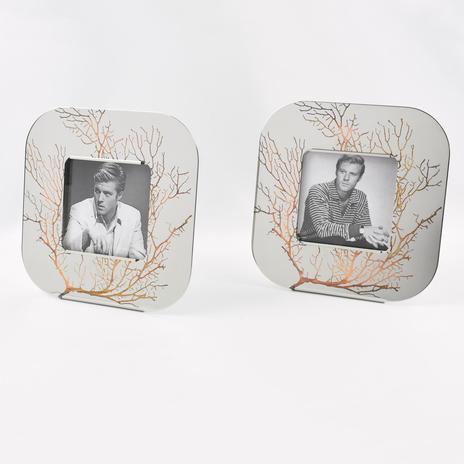Italian Sambonet Italy Chrome and Copper Inlaid Picture Frame, a pair For Sale