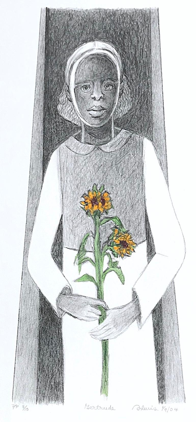 GERTRUDE Hand Drawn Lithograph, Young Black Girl Portrait, Sunflower - Print by Samella Lewis