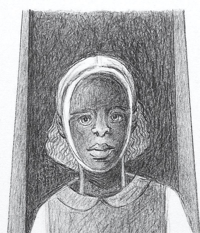 GERTRUDE Litografía Dibujada a Mano, Retrato de Joven Negra, Girasol - Interior Print Negro de Samella Lewis
