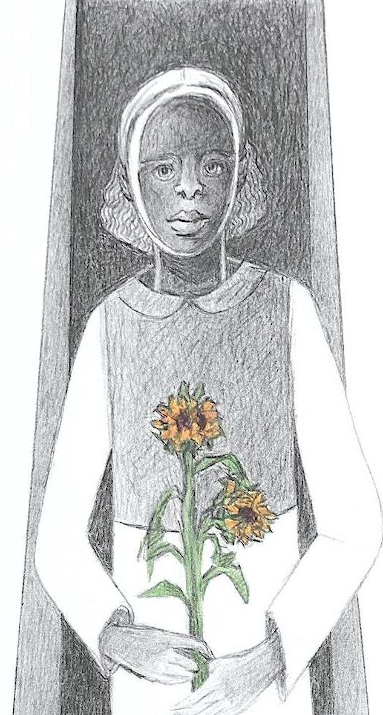 GERTRUDE Litografía Dibujada a Mano, Retrato de Joven Negra, Girasol - Print Contemporáneo de Samella Lewis